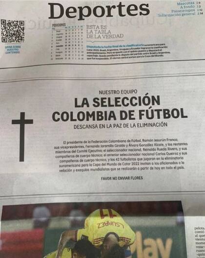 La tapa del suplemento deportivo del medio colombiano "El tiempo"