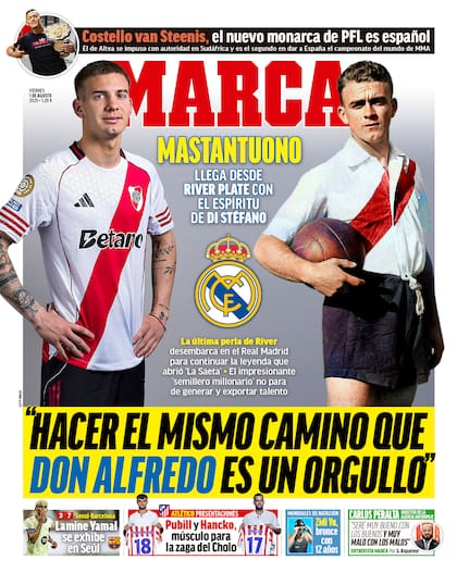 La tapa en la que el diario español Marca compara a Franco Mastantuono con Alfredo Di Stéfano, un argentino histórico de River y también de Real Madrid.