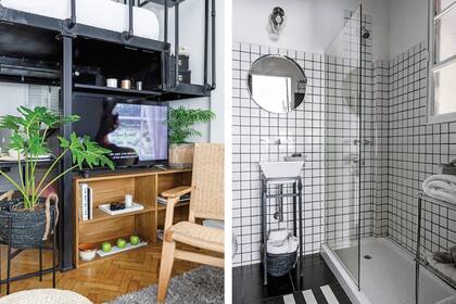 La tarima hace de mueble de TV. Baño: azulejos ‘Subway’ con junta negra. Lavatorio (Ferrum) sobre un pie de hierro, espejo de hierro y aplique estilo vintage (todo de Vint Market).