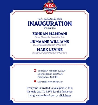 La tarjeta de invitación de Zohran Mamdani a su evento de inauguración como alcalde de la ciudad de Nueva York