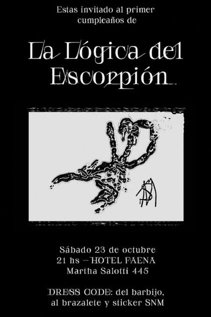 La tarjeta virtual que invitaba a la fiesta, “La lógica del escorpión”, tal como se llama su nuevo disco.