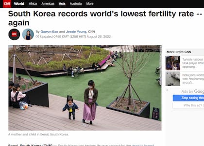 La tasa de natalidad en Corea es tan baja que se la compara con la que los países registran en tiempos de guerra.