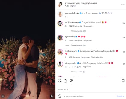 La tenista anunció su compromiso y Carlos Alcaraz y Novak Djokovic no tardaron en felicitarla (Foto: Instagram @arynasabalenka)