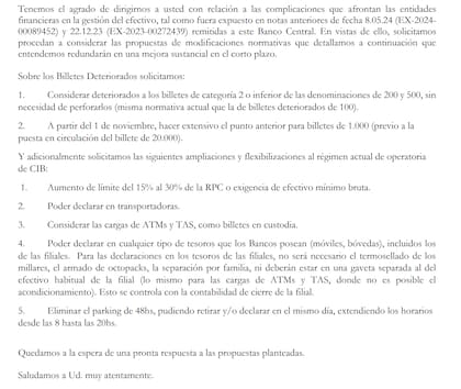 La tercera carta en los últimos siete meses que enviaron la Asociación de Bancos de la Argentina (ABA, banca extranjera), la Asociación de Bancos Argentinos (Adeba, bancos nacionales) y la Asociación de la Banca Especializada (ABE)