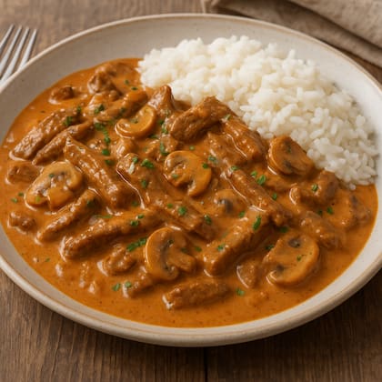 La ternera al Strogonoff puede combinarse con arroz, fideos o una ensalada de vegetales