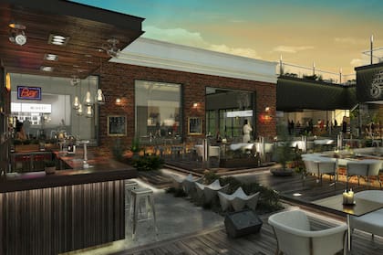 Render de los espacios externos del proyecto gastronómico