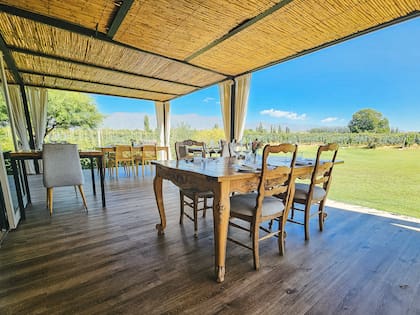 La terraza de Riccitelli Bistró, de cara a los viñedos y las montañas