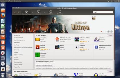 La tienda de software de Ubuntu. A la izquierda, la barra de accesos con el botón de Amazon