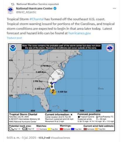 La tormenta tropical Chantal se formó en la costa sureste de EE.UU.