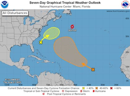 La tormenta tropical Dexter se intensifica en el Atlántico: con vientos de 83 km/h y ráfagas de 102 km/h, evolucionará a sistema extratropical con vientos de 120 km/h para el viernes antes de disiparse