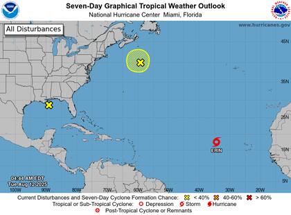 La tormenta tropical Erin se intensifica en el Atlntico: con vientos de 74 km/h y rachas de 93 km/h, el NHC prev que alcance 176 km/h para el sbado mientras avanza hacia el noroeste