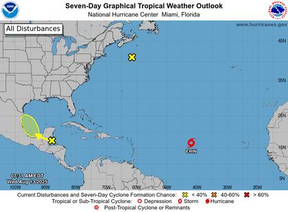 La tormenta tropical Erin, ubicada a 16.5°N y 41.9°O, avanza hacia el oeste a 31 km/h con vientos de 74 km/h, y podría intensificarse hasta 185 km/h para el domingo