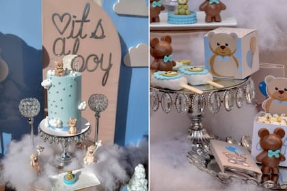 La torta y las paletas dulces combinaban junto a los adornos decorativos inspirados en el bebé en camino de Belén Francese