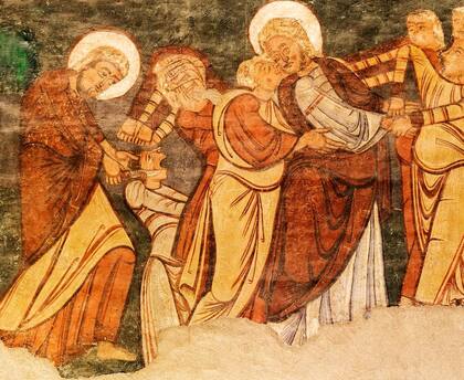 La traición en el jardín de Getsemaní: Judas besa a Jesús y Pedro corta la oreja de Malchus"