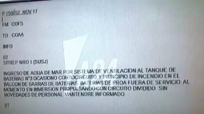 La transcripción del último mensaje emitido por el submarino ARA San Juan por radiofrecuencia, el último miércoles 15 de noviembre