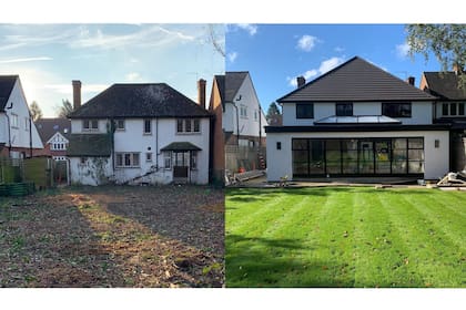 La transformación de la parte trasera de una casa en la que se construyó hacia arriba y se modificó la estructura del techo
