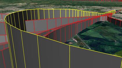 La trayectoria del vuelo accidentado (en color amarillo) mostró diferencias significativas en comparación con las últimas 10 aproximaciones a la pista 05 realizadas por la aeronave LV-GOK (en perspectiva)