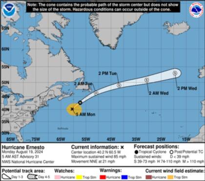 La trayectoria prevista para el Huracán Ernesto