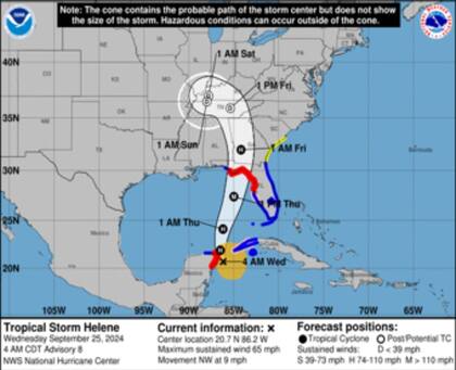 La trayectoria prevista para el Huracán Helene