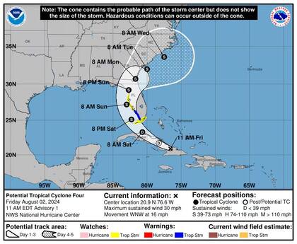 La trayectoria prevista para la tormenta tropical Debby
