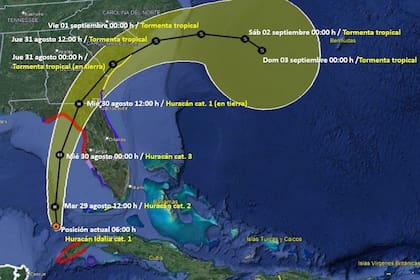 La trayectoria y tiempos estimados de llegada del núcleo del huracán Idalia a través de la costa de Estados Unidos