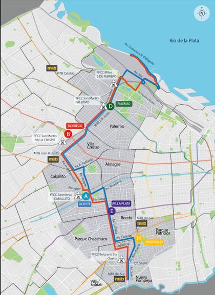 La traza completa del recorrido del Trambus, línea T1, que unirá el norte con el sur de la Ciudad
