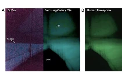 La tripulación del Ganesha capturó el resplandor del mar de leche con una cámara GoPro (izquierda) y un teléfono inteligente (centro). El color de la imagen de la derecha se ha corregido para que coincida con el recuerdo de la tripulación
