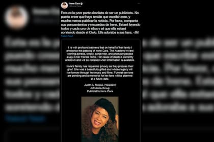 La triste noticia fue publicada por la publicista de la artista (Captura Twitter)