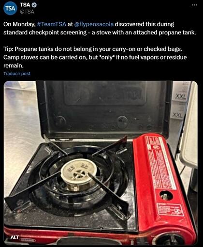 La TSA advirtió a los pasajeros acerca de las estufas para campamento y su transportación