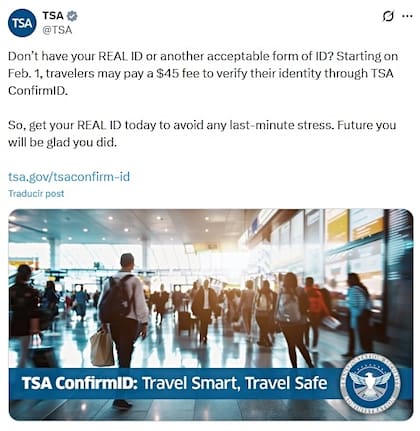 La TSA recordó a los viajeros que en febrero del próximo año se comenzará a cobrar una tarifa especial