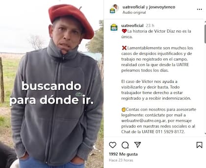 La UATRE ayudó a visibilizar la situación de Víctor Díaz y señaló que debido al despido ya no tendría más casa