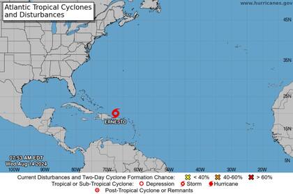 La ubicación actual de la tormenta tropical Ernesto