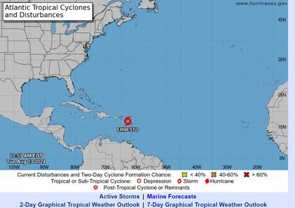 La ubicación actual del ciclón tropical Ernesto