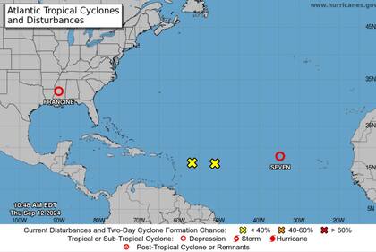 La ubicación actual del ciclón tropical Francine y otras perturbaciones monitoreadas por el NHC