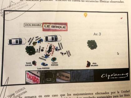 La ubicación de cada uno del grupo de los sospechosos y de dos amigos, según un peritaje de la Policía Federal Argentina