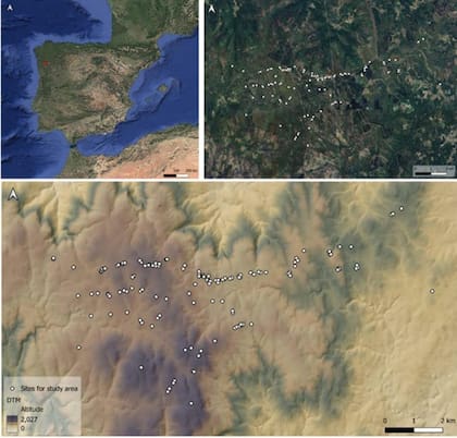 La ubicación de la Sierra del Laboreiro en la Península Ibérica junto al área de estudio con los monumentos megalíticos