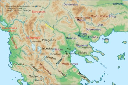 La ubicación de los Medos en la península griega, al norte, antes de la expansión macedónica que los obligó a moverse