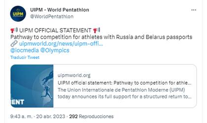 LA UIPM publicó un comunicado mediante el cual informó el levantamiento de la prohibición de competir para los rusos y bielorrusos