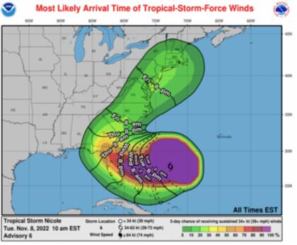 La última actualización apunta la proximidad de la tormenta tropical Nicole y la fuerza de los vientos en las proximidades de Bahamas y Florida