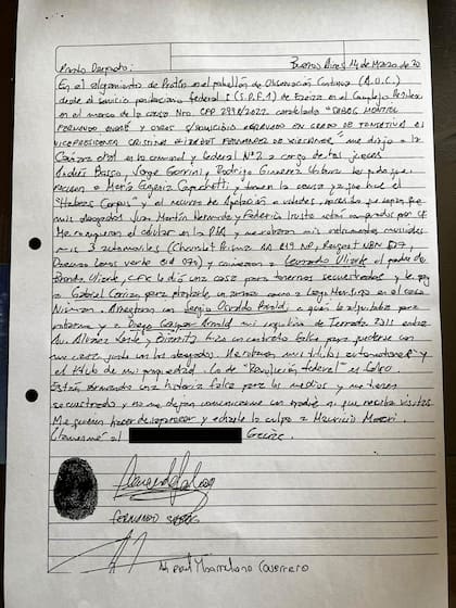 La última carta de Fernando Sabag Montiel, del martes pasado