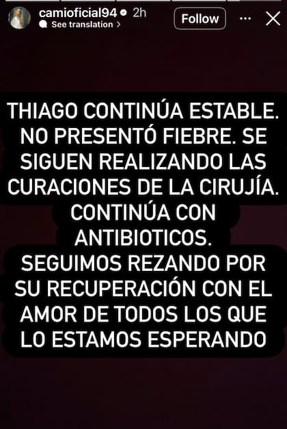 La última historia que compartió Camila sobre el estado de salud de su hermano, Thiago Medina