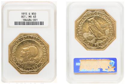 La última subasta de una moneda de oro octagonal de 1915 fue en noviembre de 2023