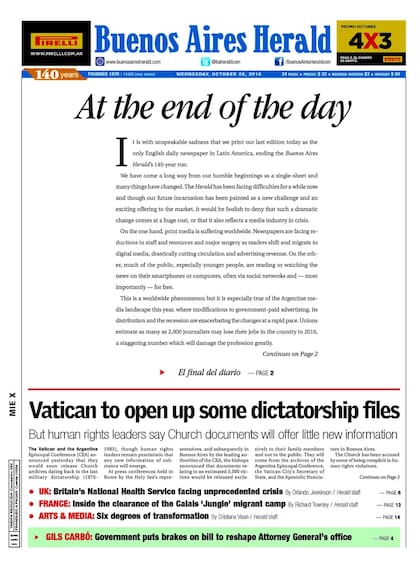 La última tapa como diario del Buenos Aires Herald