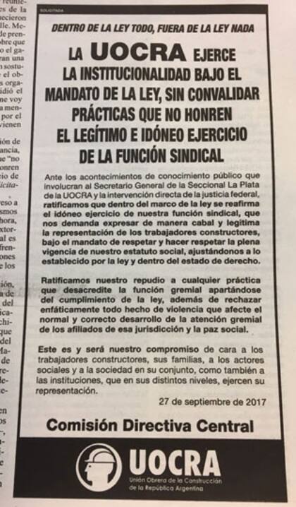 La solicitada de la Uocra sobre el Pata Medina