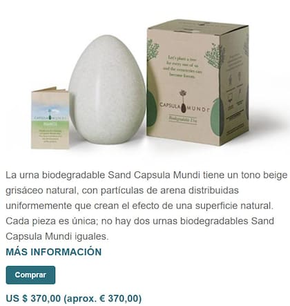 La urna biodegradable se encuentra a la venta a un precio de 393 mil pesos argentinos