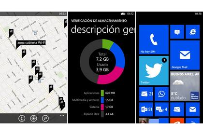 La versión de Windows Phone8 presente en Lumia 720 permite ver la memoria disponible y Wi-Fi gratis cercanos, entre otras cosas