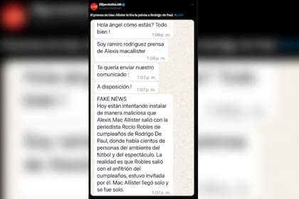 La versión del asistente de prensa del jugador señala a Rodrigo de Paul como la persona que se vinculó con la modelo (Captura X)