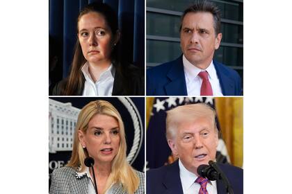 La vicefiscal Maurene Comey, el subsecretario Todd Blanche, la secretaria de Justicia Pam Bondi y el presidente Donald Trump, protagonistas de la pulseada judicial y política en torno a los procesos federales que involucran al mandatario republicano y la redefinición del Departamento de Justicia en Washington