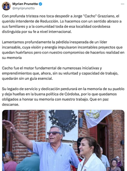 La vicegobernadora, Myrian Prunotto, confirmó el fallecimiento en sus redes