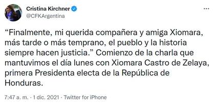 La vicepresidenta, Cristina Kirchner, felicitó a la presidenta electa de Honduras, Xiomara Castro